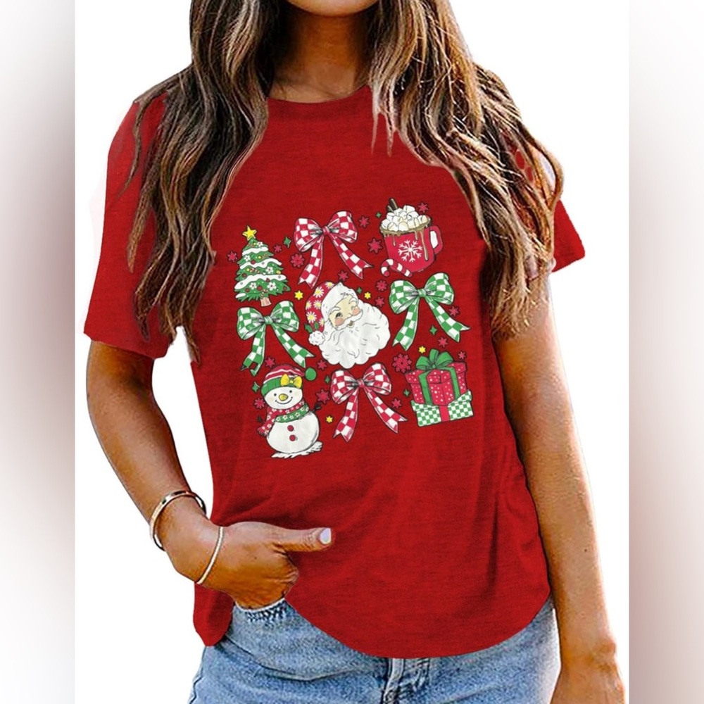 Women's Christmas Graphic T Shirt Red Santa Snowman Tree Short Sleeve Tee Size M